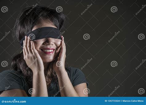 Young Happy And Cute Blindfolded Asian Korean Teenager Girl Excited Playing Dangerous Internet