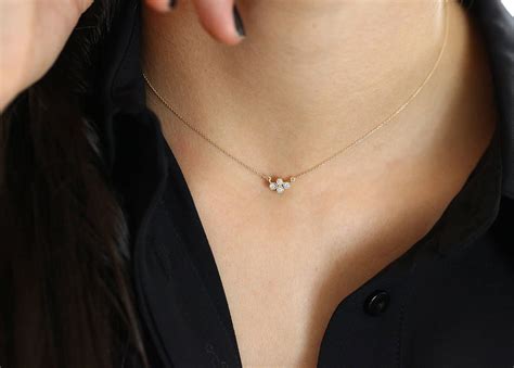 Dainty Gold Diamond Necklace 14k Solid Gold Four Stone Etsy