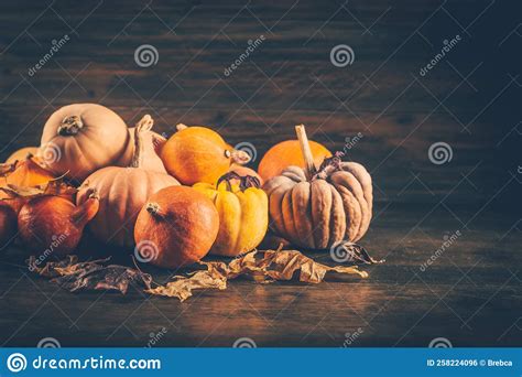 Assortment Of Pumpkins With Autumn Leaves On Wooden Background Stock