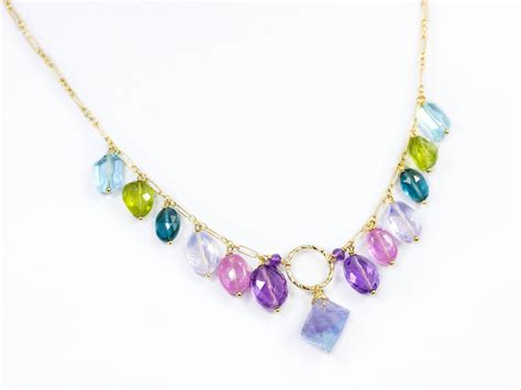Multi Gemstone Drop Necklace In Gold Filled Precious Colorful Necklace