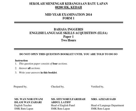 Form 1 English Exam Paper With Answer Malaysia