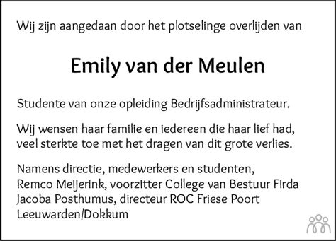 Emily Van Der Meulen 03 05 2023 Overlijdensbericht En Condoleances Mensenlinqnl