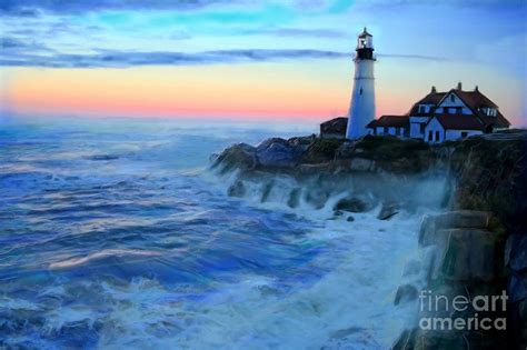 Sunset At Portland Head Lighthouse Painting By Earl Jackson