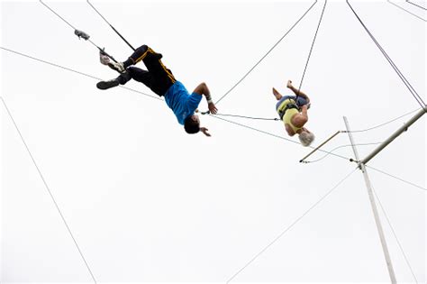 Two Trapeze Artist Flying Together In The Sky Stock Photo Download