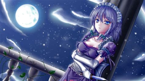 Moonlight Anime Girl Holding A Knife Blue Purple Hair Wallpaper