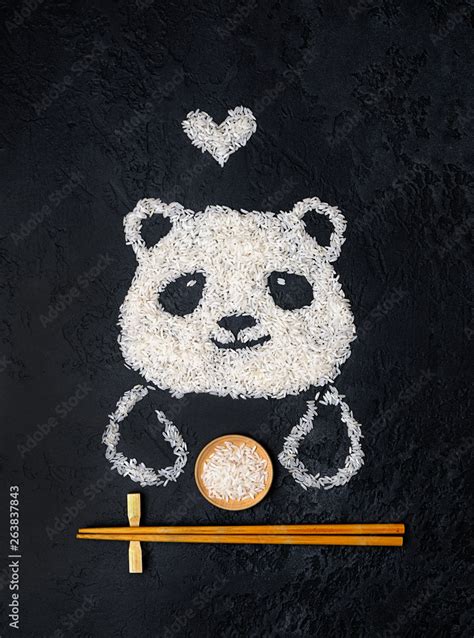 Panda Symbol Of China Face Made In Rice On Dark Background Asia