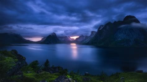 4558312 Mountains Clouds Sunset Sun Rays Nature Calm Fjord