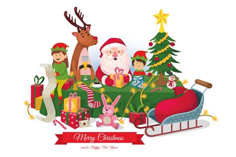 Santa Claus With A Deer And Elves Pre Designed Illustrator Graphics