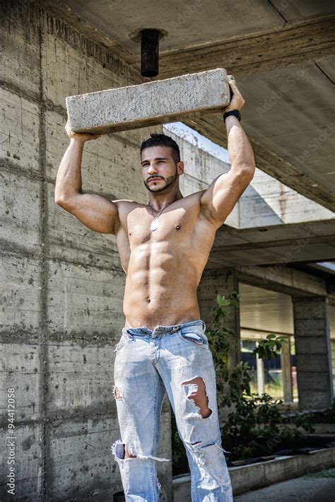 Sexy Construction Worker Shirtless With Muscular Body Stock Photo