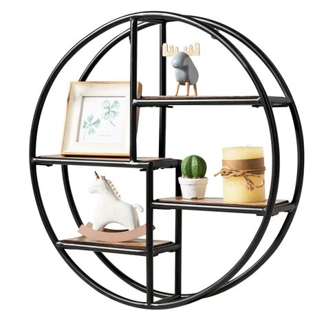 This black metal & wood round wall shelf is a stylish wall storage piece for a rustic, industrial, modern or scandinavian style home. Hanging Storage Shelf Circular Wall-Mounted 4-Tier Rack ...