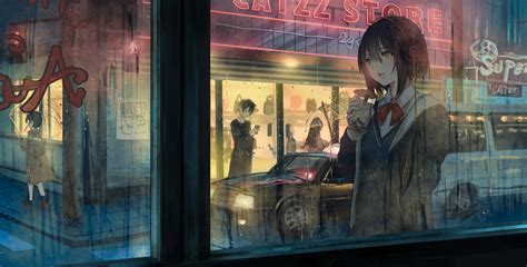 Wallpaper Anime Girls City Original Characters Night