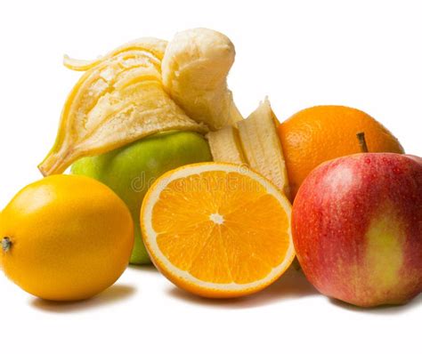 The Fruit Set Consists Of Peeled Banana Orange Lemon And Apple