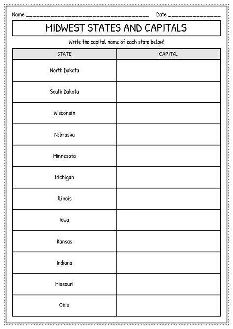 Midwest Region States And Capitals Worksheets Free Pdf At
