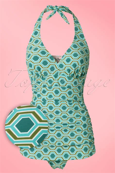 50s Retro Rushed Halter Swimsuit In Blue And Green