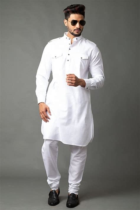 Cotton Casual Wear Men Plain White Punjabi Kurta Pajama Set Handwash