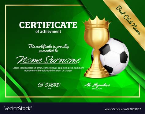 Soccer Certificate Diploma With Golden Cup Vector Image