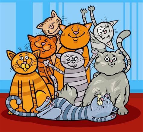 Cats And Kittens Animal Characters Group Cartoon Illustration Stock
