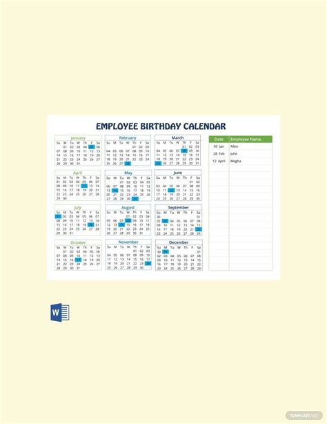 Sample Employee Birthday Calendar Template In Ms Word Download