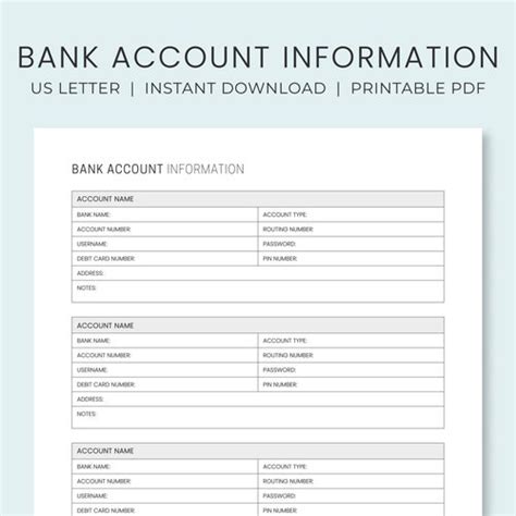Bank Account Information Tracker Printable Financial Account Etsy