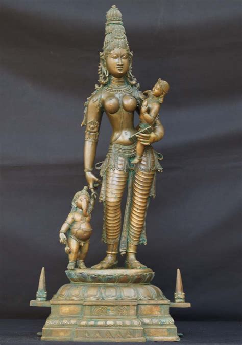 Bronze Statue Of Parvati With Murugan And Ganesh
