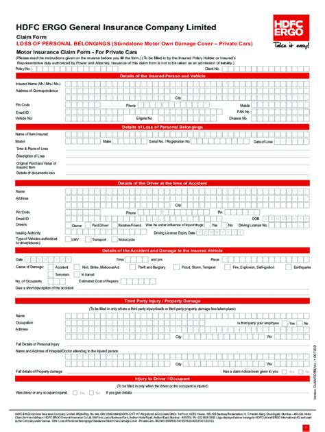 Fillable Online Claim Form Standalone Od Cdr Hdfc Ergo Fax Email Print Pdffiller