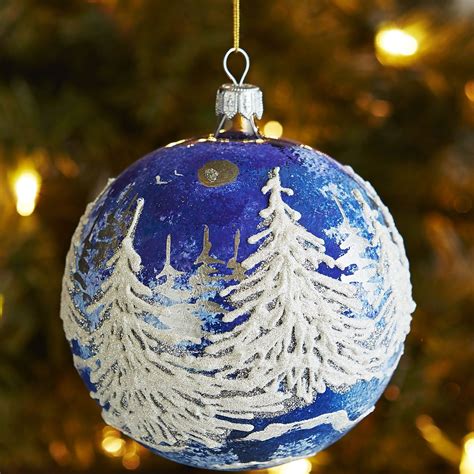 European Glass Relief Trees Ornament Blue Painted Christmas
