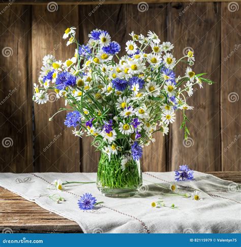 Bouquet Of Chamomiles And Cornflowers In The Vase Stock Image Image