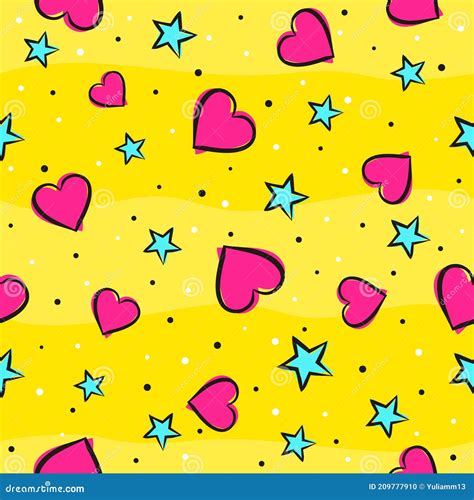 Seamless Pattern With Hearts And Stars On Bright Yellow Background