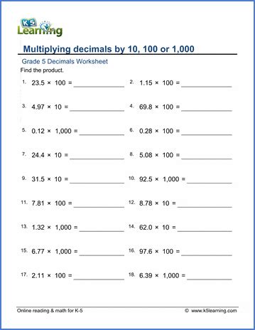 6th grade multiply and divide decimals exercises with answers. Grade 5 math worksheet - Decimals: multiplying decimals by ...