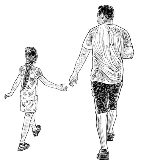 Dibujo A Mano Alzada De Un Padre Con Su Pequeña Hija Caminando Para Dar