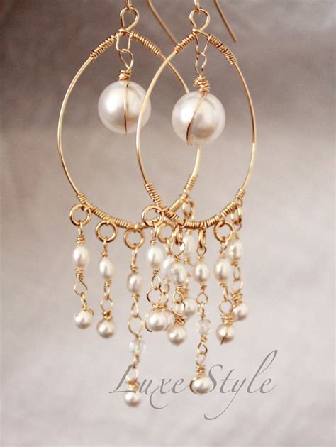 Bridal Chandelier Earrings Pearl Drop Gold Earrings Wire Wrapped