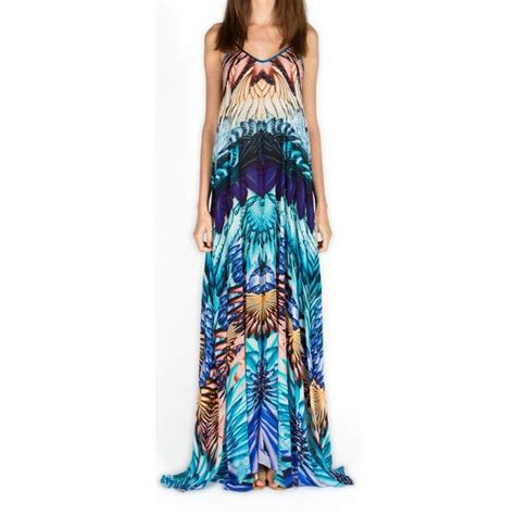 kore collections feathers peacock maxi silk strappy dress £175 liked on polyvore featuring d