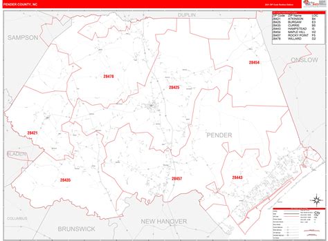 Pender County Nc Zip Code Wall Map Red Line Style By Marketmaps