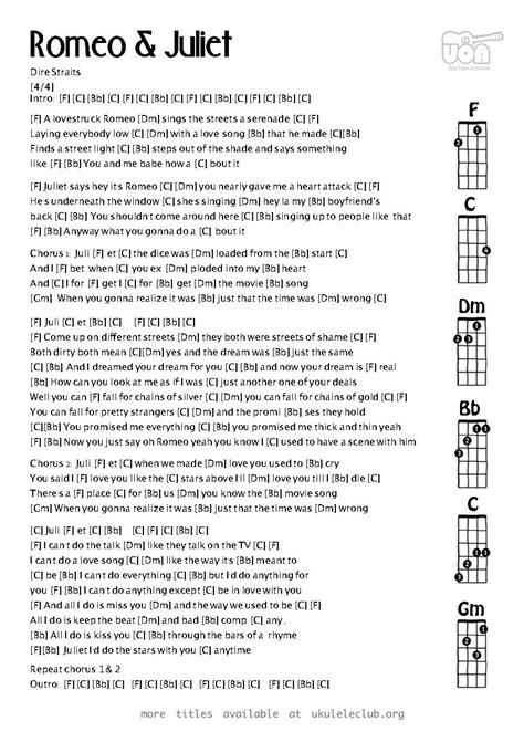 No chords automatically detected in romeo.mid for the english horn instrument. Ukulele chords - Romeo and Juliet by Dire Straits | Ukulele chords songs, Romeo and juliet, Easy ...