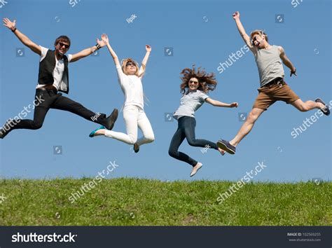 Group Young People Jump Across Blue Stock Photo 102569255 Shutterstock