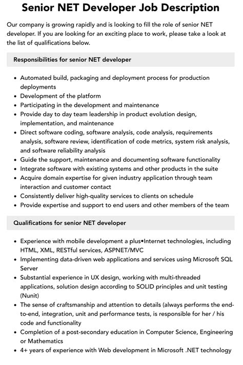 Senior Net Developer Job Description Velvet Jobs