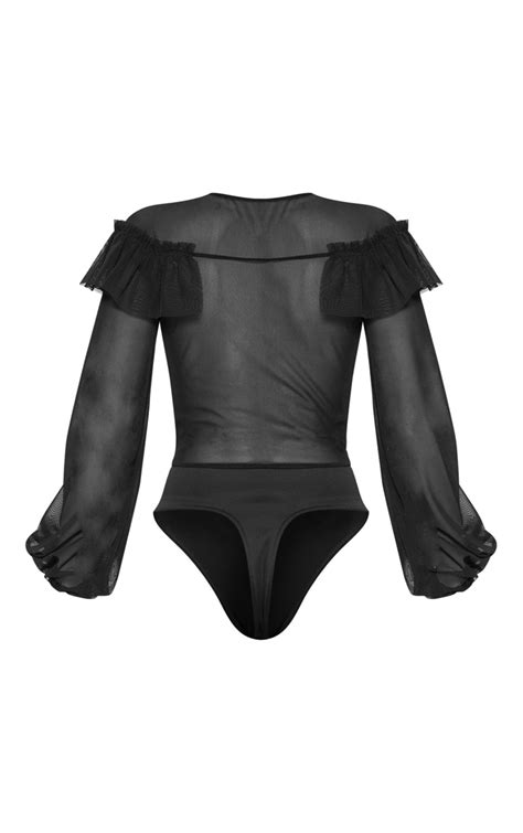 Black Ruffle Mesh Plunge Bodysuit Tops Prettylittlething Usa