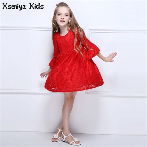 Kseniya Kids Red Spring Antumn Girl Lace Dress Clothes Kids Dresses For