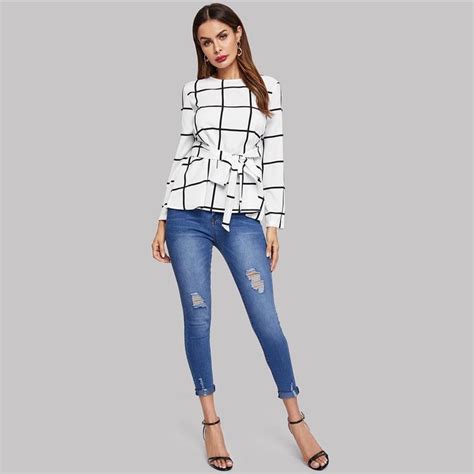 Keyhole Back Belted Plaid Women Long Sleeve Blouse Gagodeal Grid Top Minimalist Top Office