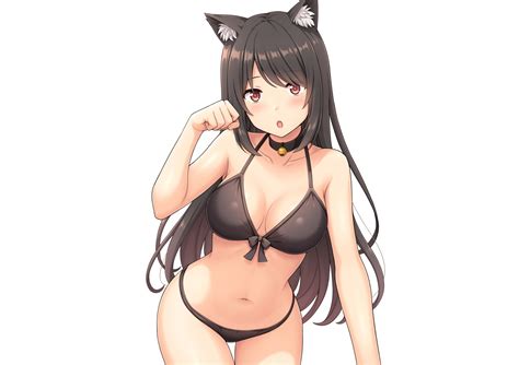 Wallpaper Bikini Long Hair Black Hair Animal Ears Cat Girl Belly