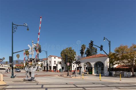 Old Historic Town Square In Santa Barbara With Train Crossing In