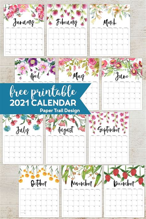 Free Printable 2021 Floral Calendar Paper Trail Design Calendar