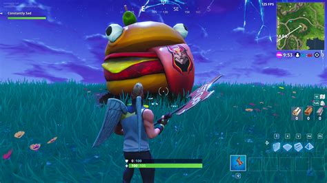 The epic battle between durr burger and tomato head rages on. Durr Burger Head is alive and well near Pleasant Park! : FortNiteBR