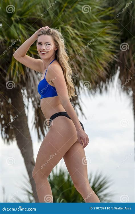 Lovely Blonde Bikini Model Posing Outdoors On A Caribbean Beach Stock Photo Image Of Lovely