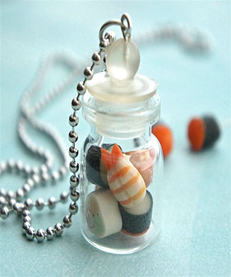 Sushis In A Jar Necklace Miniature Food Jewelry Bottle Polymer Clay