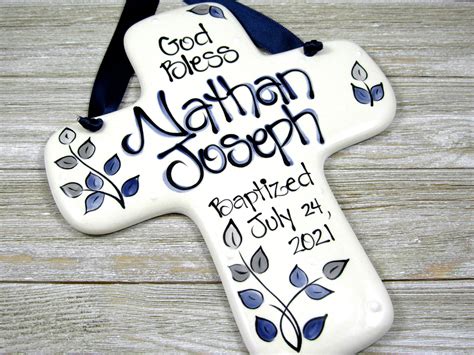 Personalized Baptism Cross For Boys In Navy And Gray Etsy