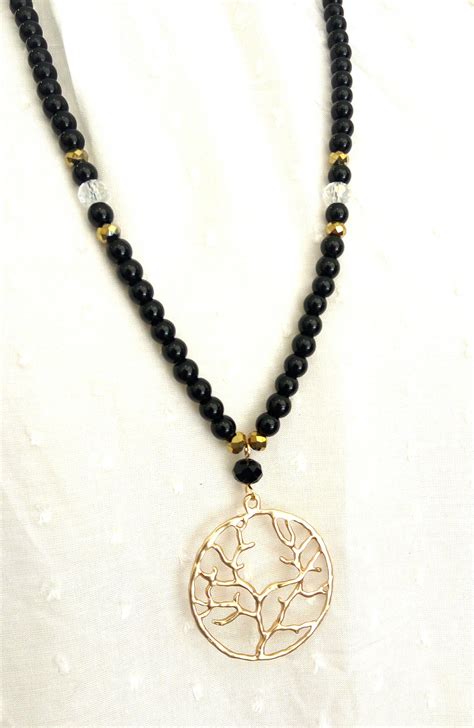 Long Black Beaded Necklace With Tree Of Life Pendant Black Necklace