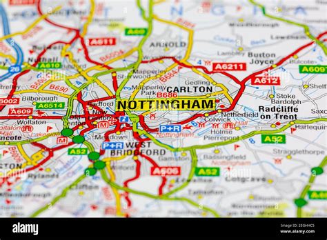 Nottingham And Surrounding Areas Shown On A Road Map Or Geography Map