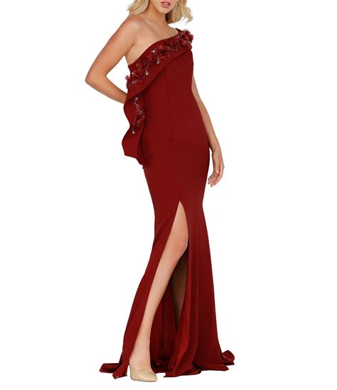 Terani Couture Stretch Satin Asymmetrical Neck Cap Sleeve Floral Beaded Thigh High Slit Mermaid