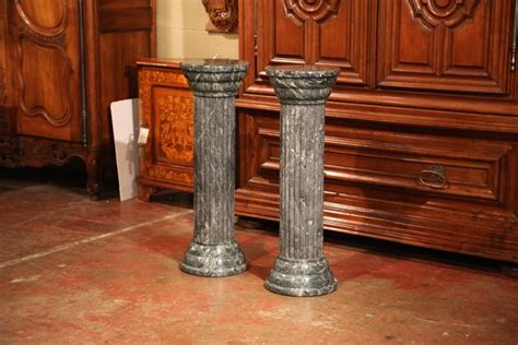 Pair Of Mid 20th Century Italian Carved Green Marble Pedestal Tables At